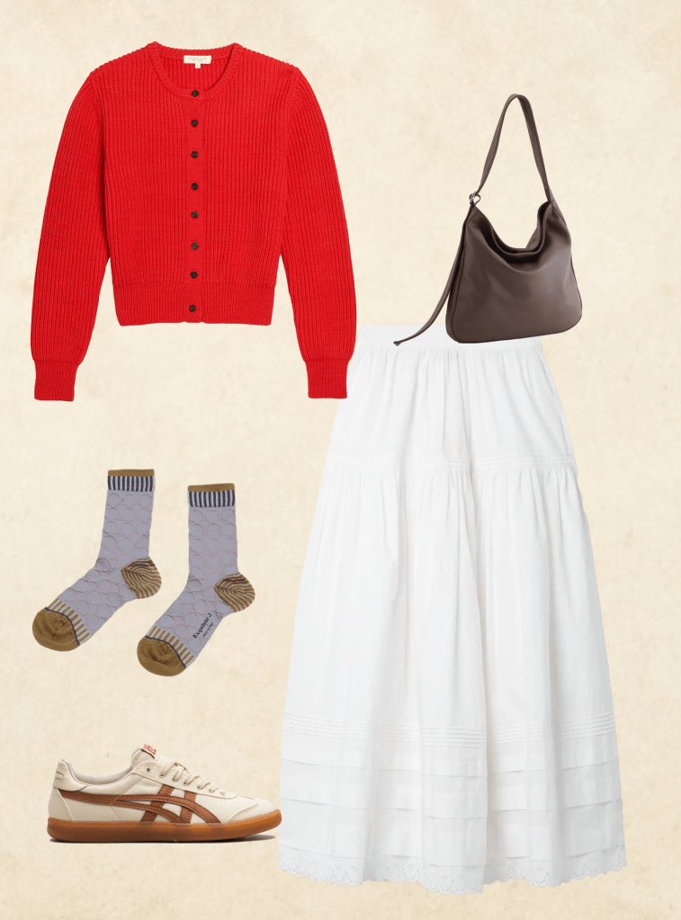 outfit grid with red cardigan, brown leather slouch bag, purple patterned socks, tan and white sneakers, and a white skirt 