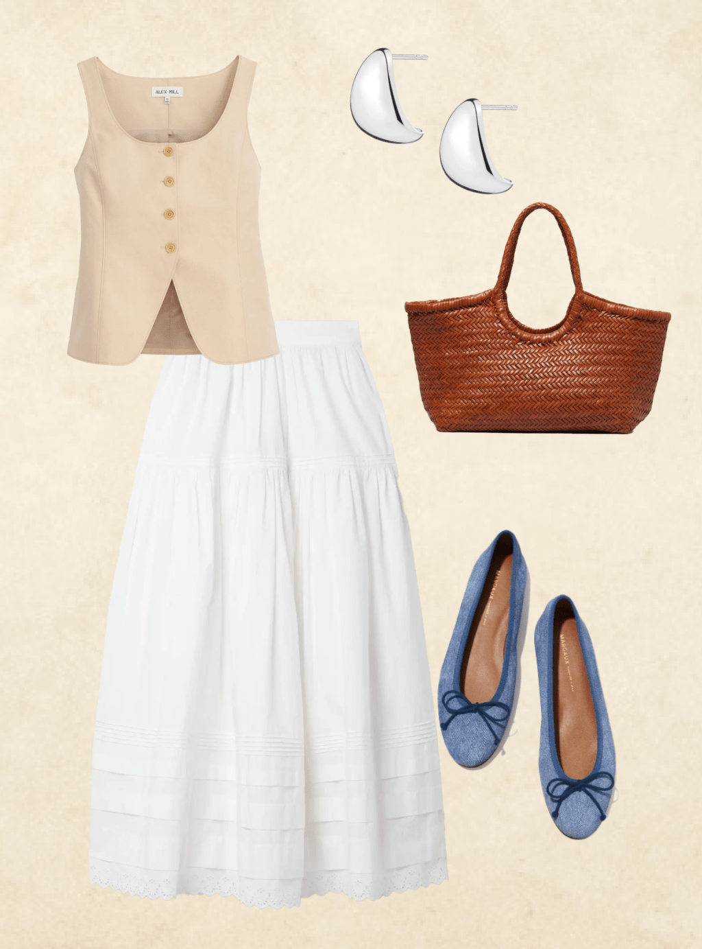 Outfit collage of the Doen sebastiane skirt